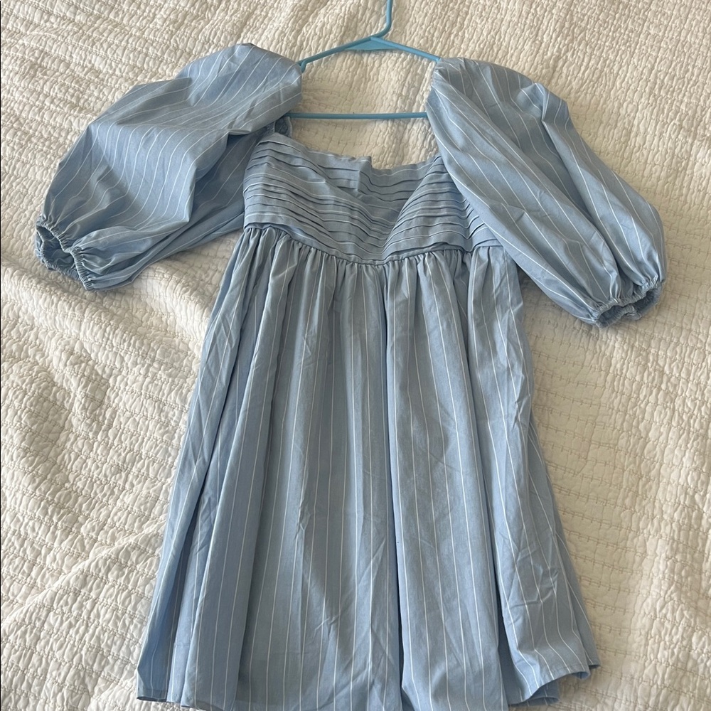 Abercrombie & Fitch Light Blue Pinstripe Puff-Sleeve Mini Dress
